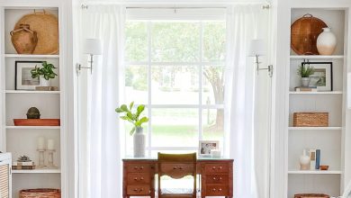 closets converted into built-in shelves in an office