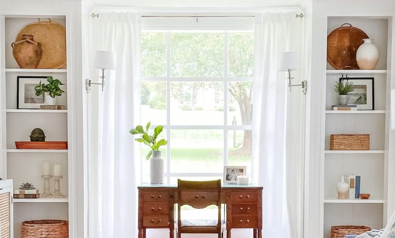 closets converted into built-in shelves in an office