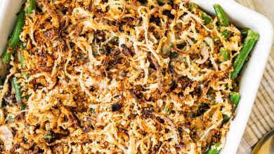 Healthy green bean casserole in a baking dish.