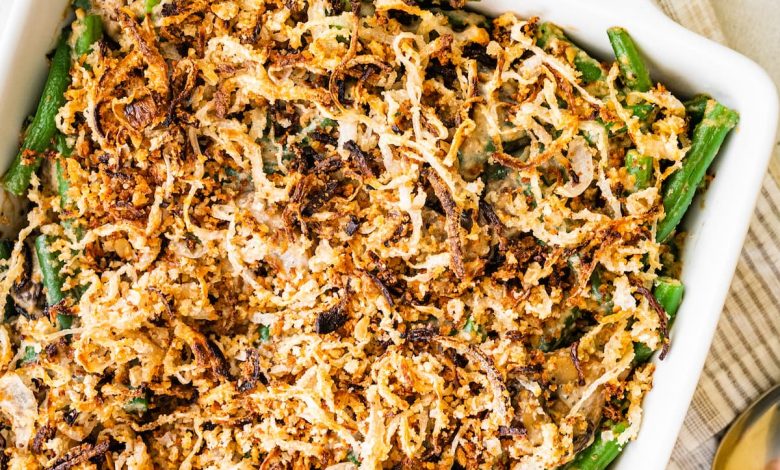 Healthy green bean casserole in a baking dish.