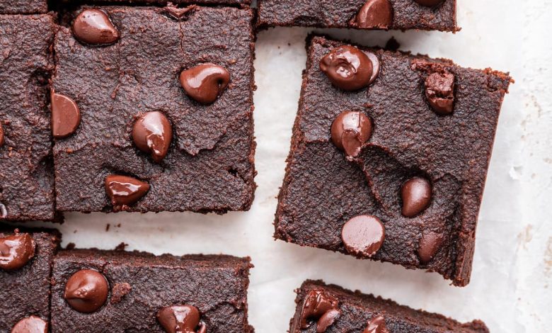 Chocolate chip sweet potato brownies cut into squares.