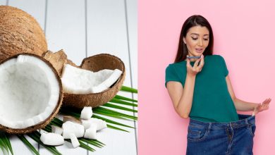 Coconut pieces and a woman indicating that she has lost weight