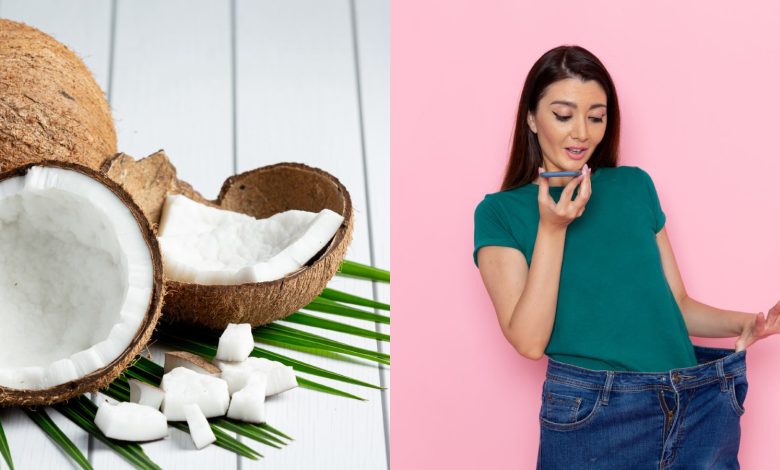 Coconut pieces and a woman indicating that she has lost weight