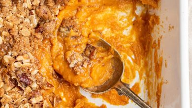 Healthy green bean casserole in a baking dish.