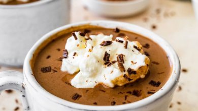 Protein hot chocolate in a white ceramic mug topped with whip cream and shaved chocolate.