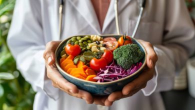 A doctor holding a plate of food