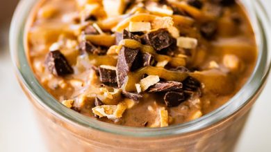 One glass jar filled with samoas overnight oats. It