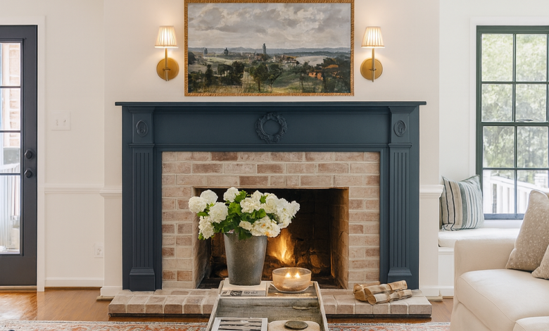 AI living room mockup using ChatGPT to create a creamy white living room with black doors and navy blue fireplace mantel